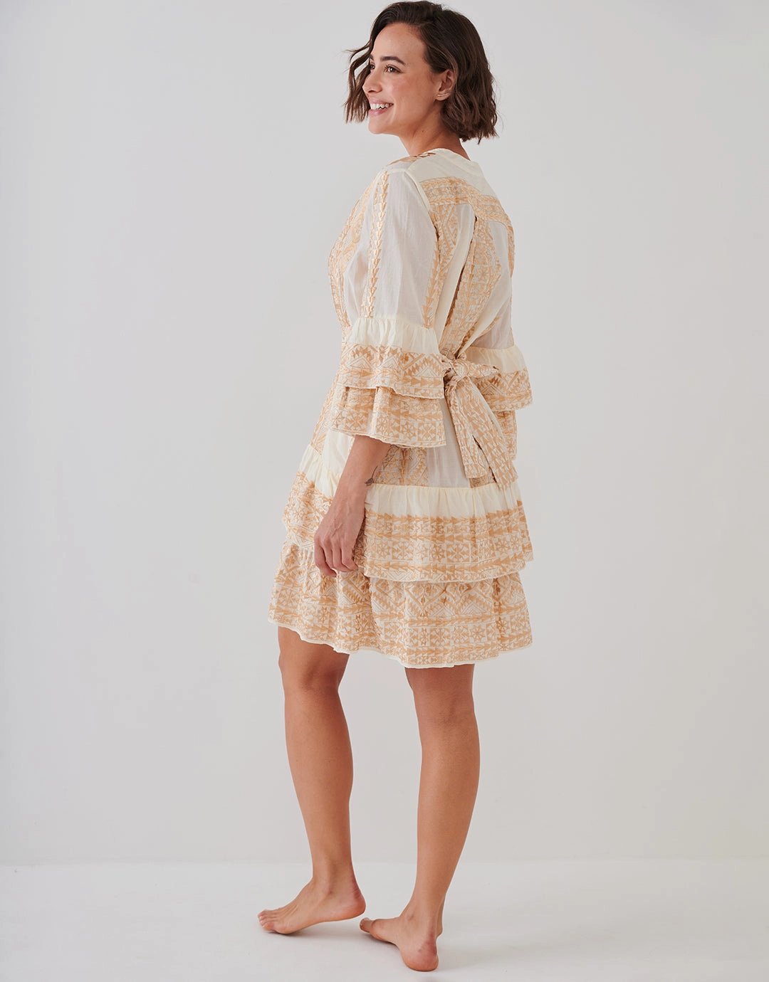 Classic Triangle Layered Mini Dress with Sash - Natural and Gold