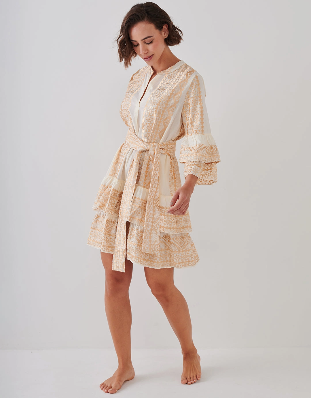 Classic Triangle Layered Mini Dress with Sash - Natural and Gold
