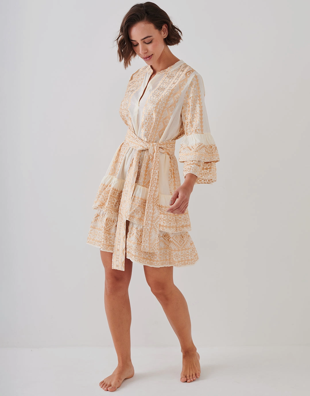 Classic Triangle Layered Mini Dress with Sash - Natural and Gold