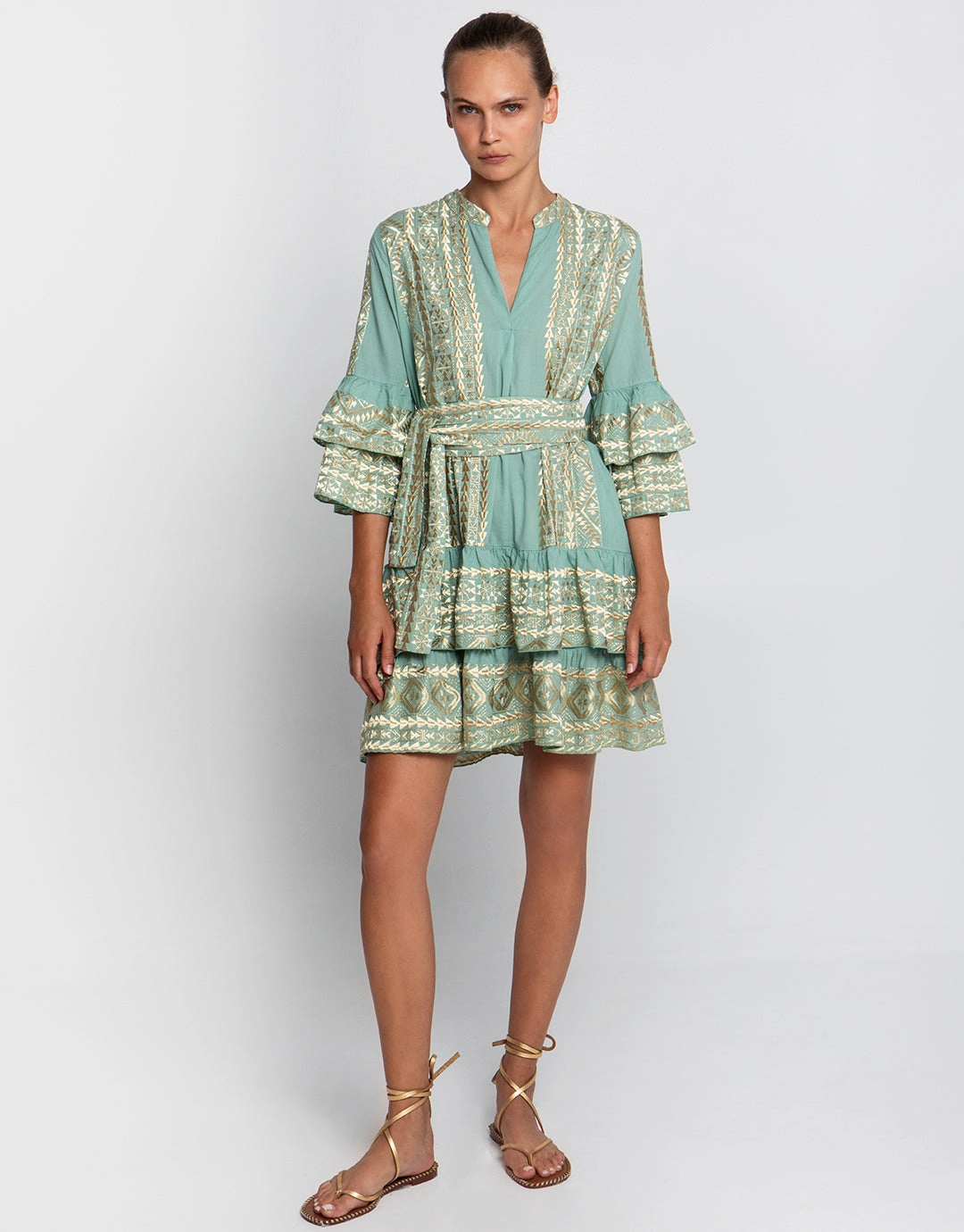 Classic Triangle Layered Mini Dress with Sash - Sea Green and Gold