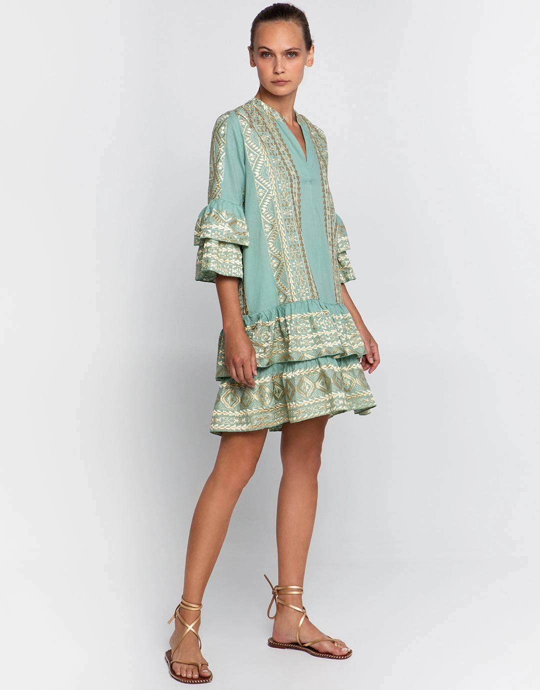 Classic Triangle Layered Mini Dress with Sash - Sea Green and Gold