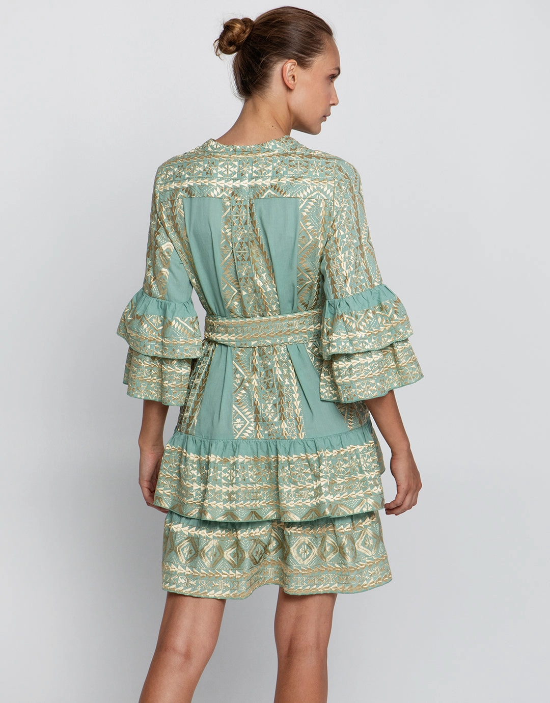 Classic Triangle Layered Mini Dress with Sash - Sea Green and Gold