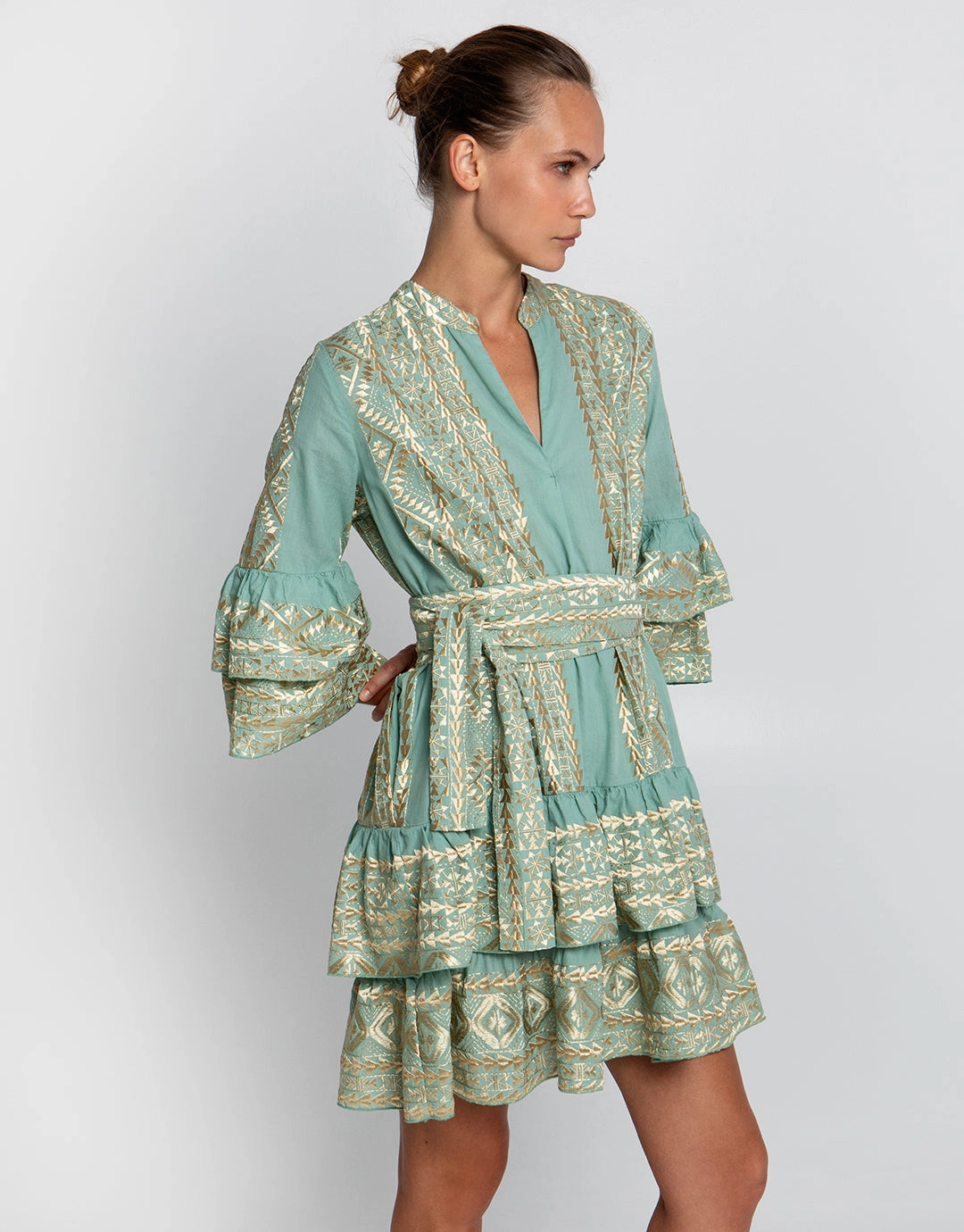 Classic Triangle Layered Mini Dress with Sash - Sea Green and Gold