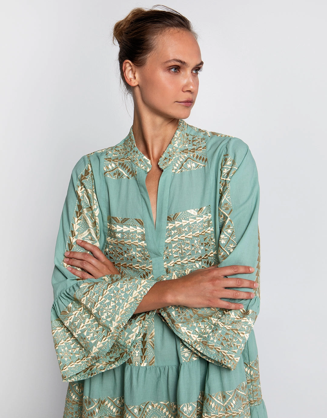 Classic Triangle Long Sleeve Mini Dress - Sea Green and Gold