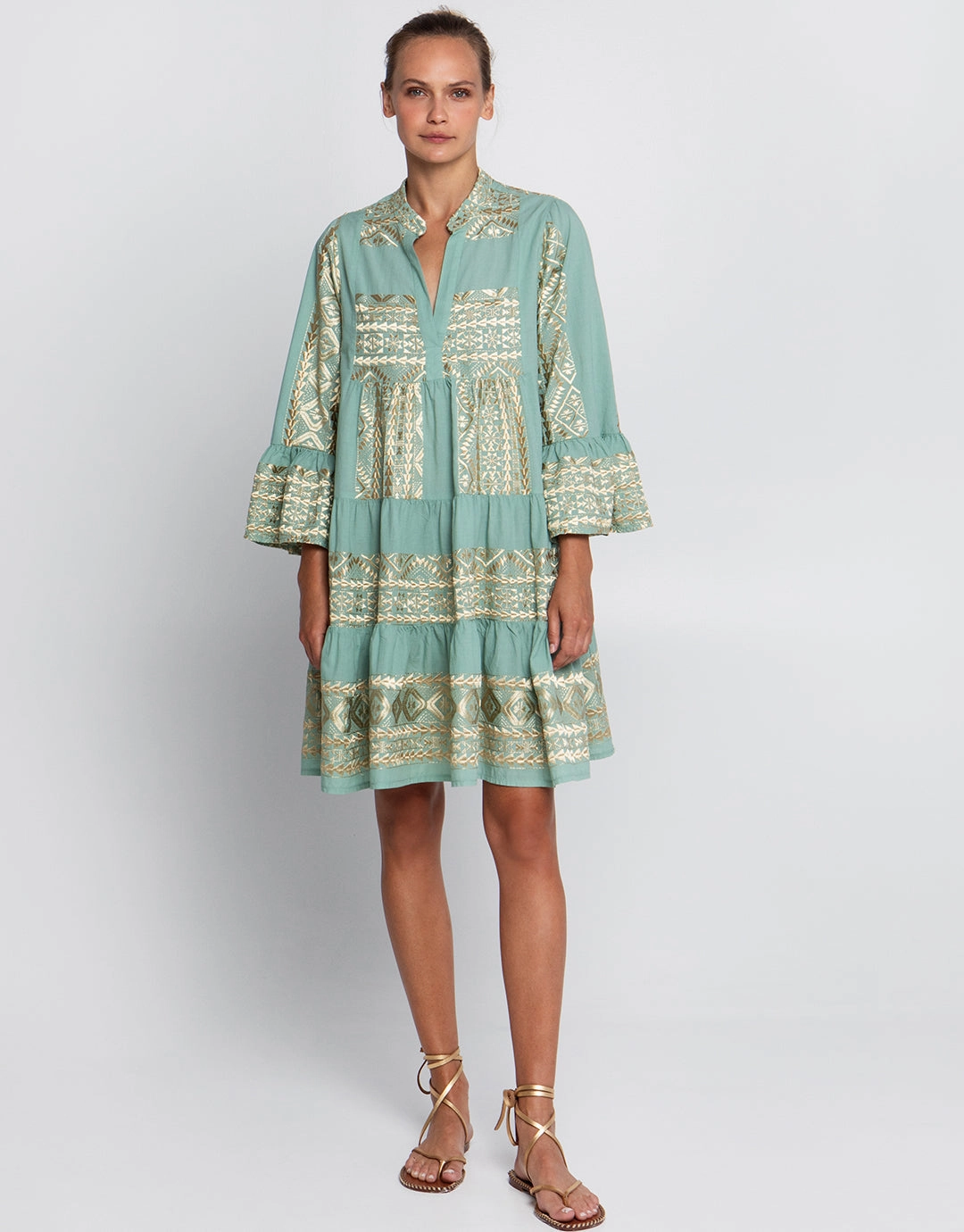 Classic Triangle Long Sleeve Mini Dress - Sea Green and Gold