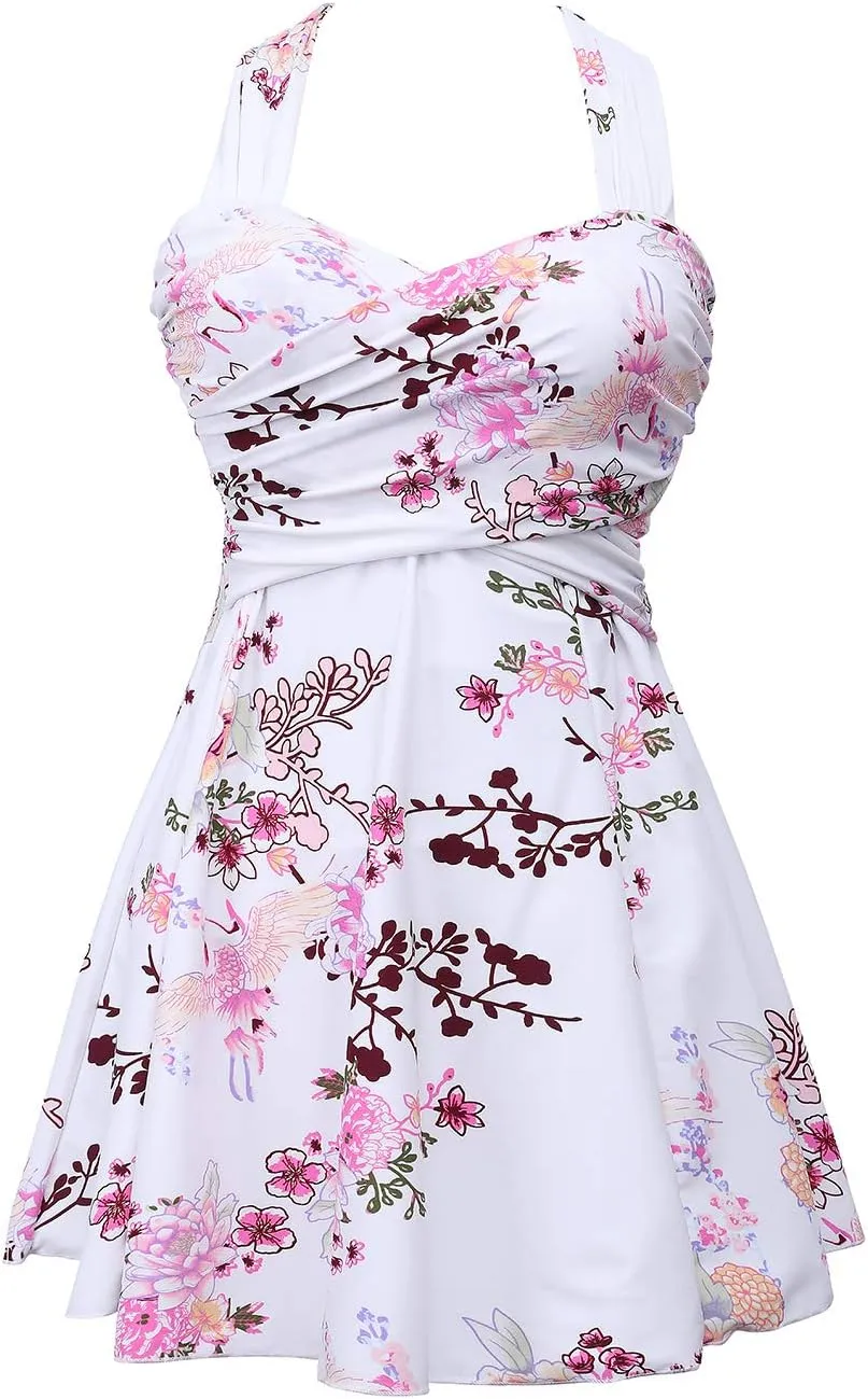 COCOPEAR Women's Elegant Crossover One Piece Swimdress Floral Skirted Swimsuit