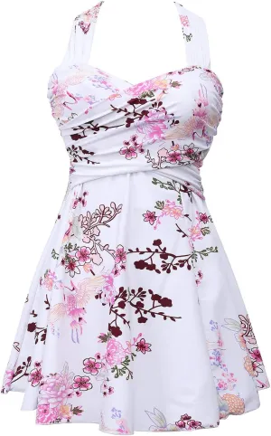 COCOPEAR Women's Elegant Crossover One Piece Swimdress Floral Skirted Swimsuit