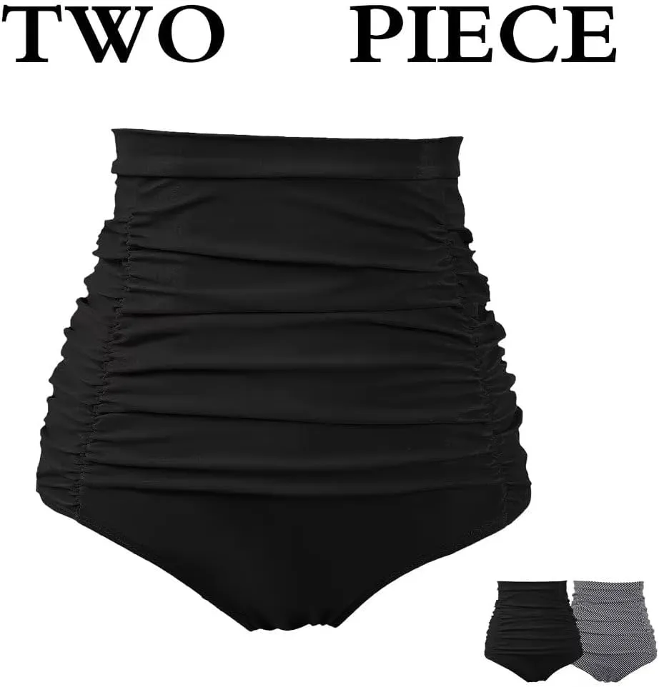COCOPEAR Women's Ruched High Waisted Bikini Bottom Retro Vintage Swim Short Tankinis
