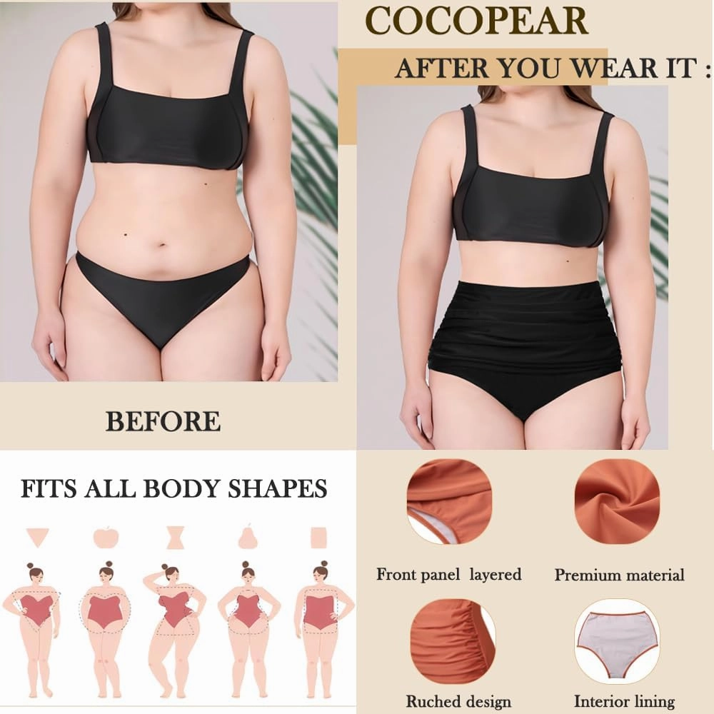 COCOPEAR Women's High Waisted Full Coverage Bikini Bottom Ruched Bathing Suit Bottoms for Women Tummy Control Swim Bottoms