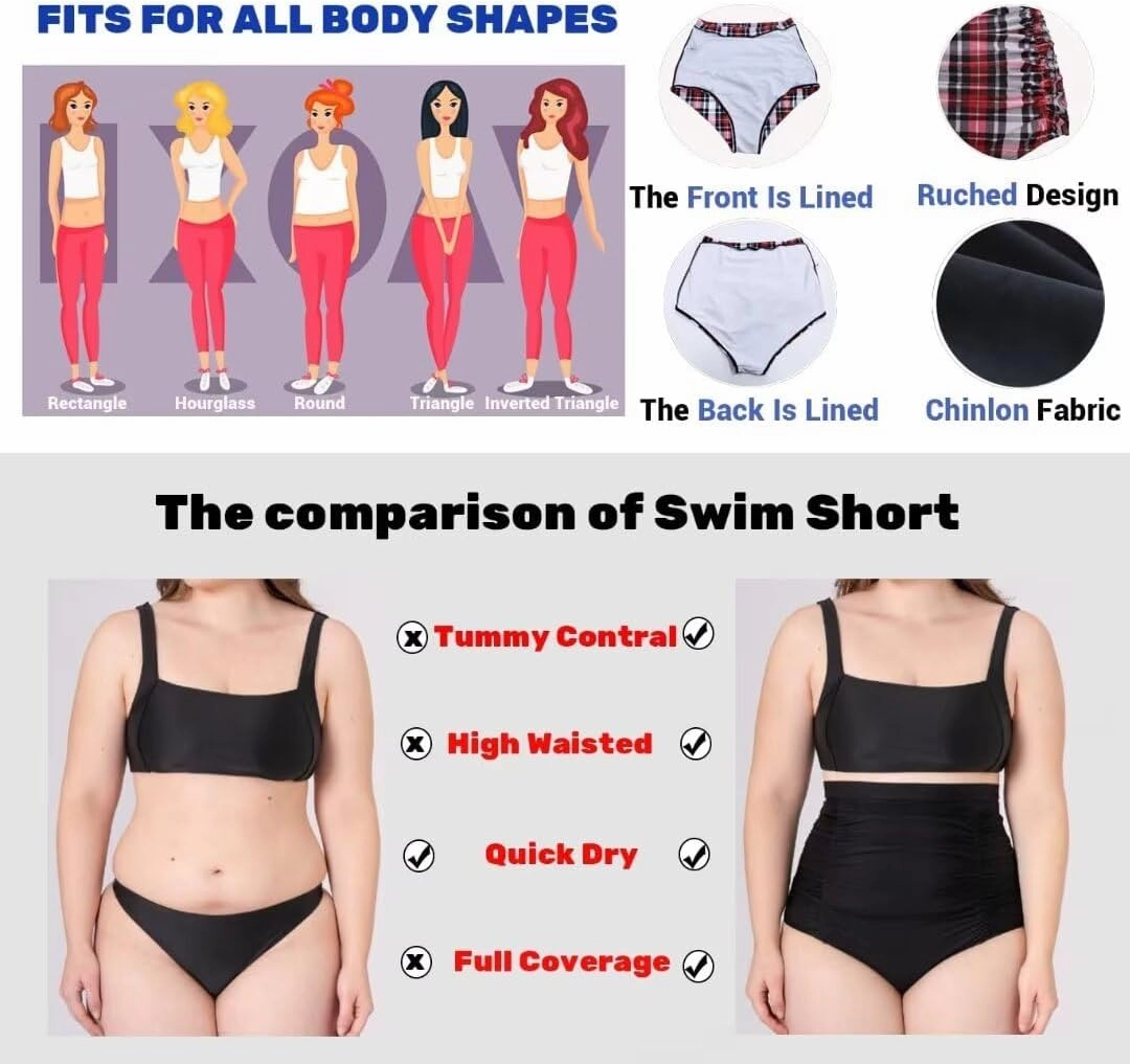 COCOPEAR Women's Ruched High Waisted Bikini Bottom Retro Vintage Swim Short Tankinis