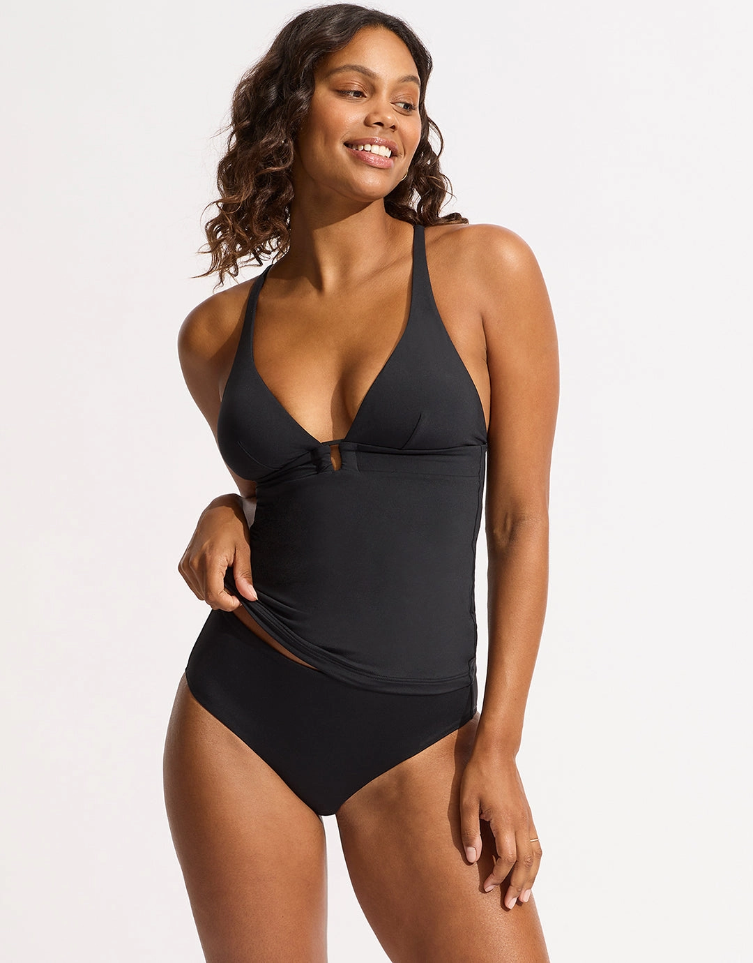Collective Trim Front Tankini Top - Black