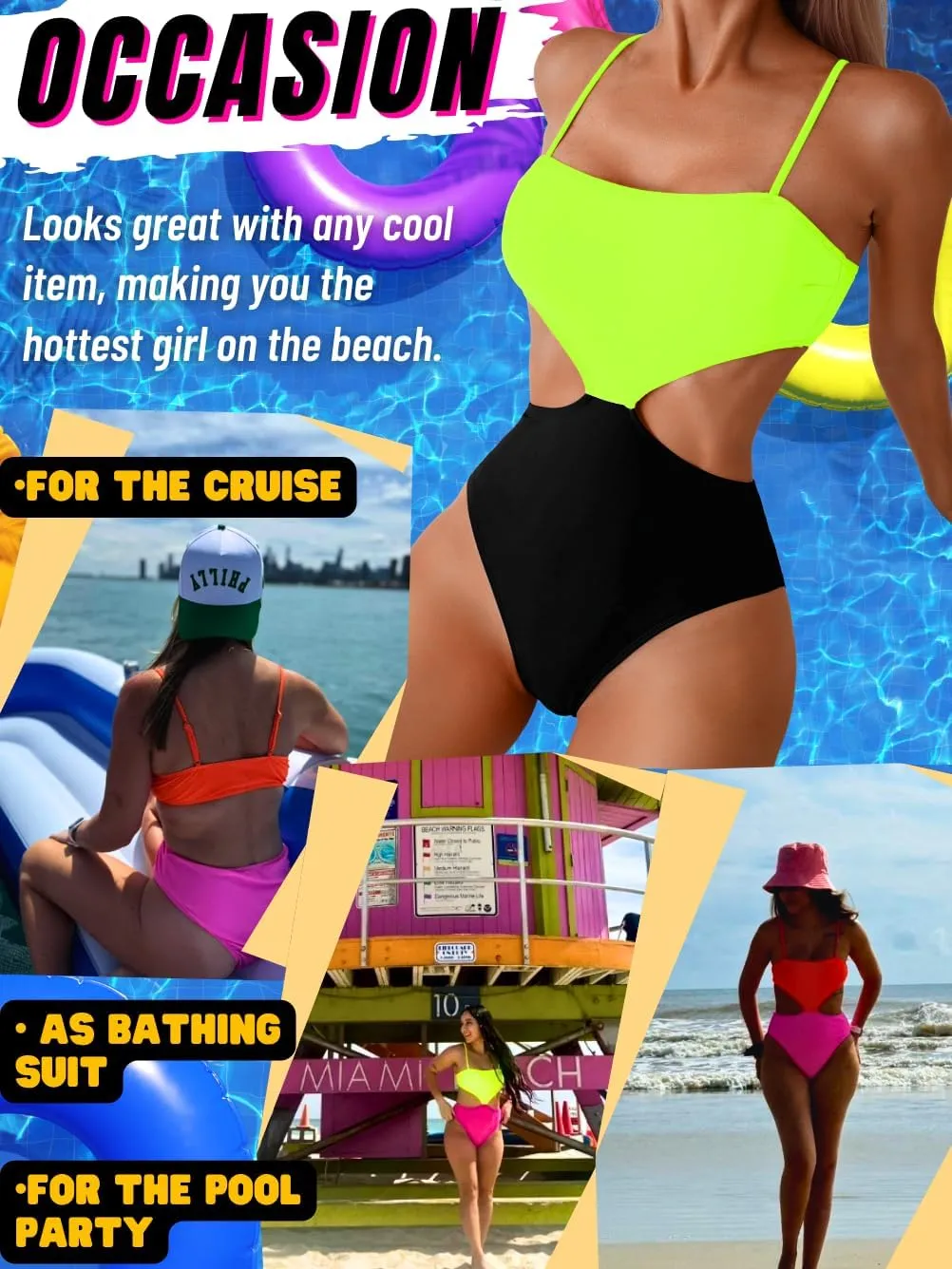Color Block Swimsuit,Cut Out Sexy Monokini Women,Cheeky One Piece Swimsuits Beach Cruise Pool Party
