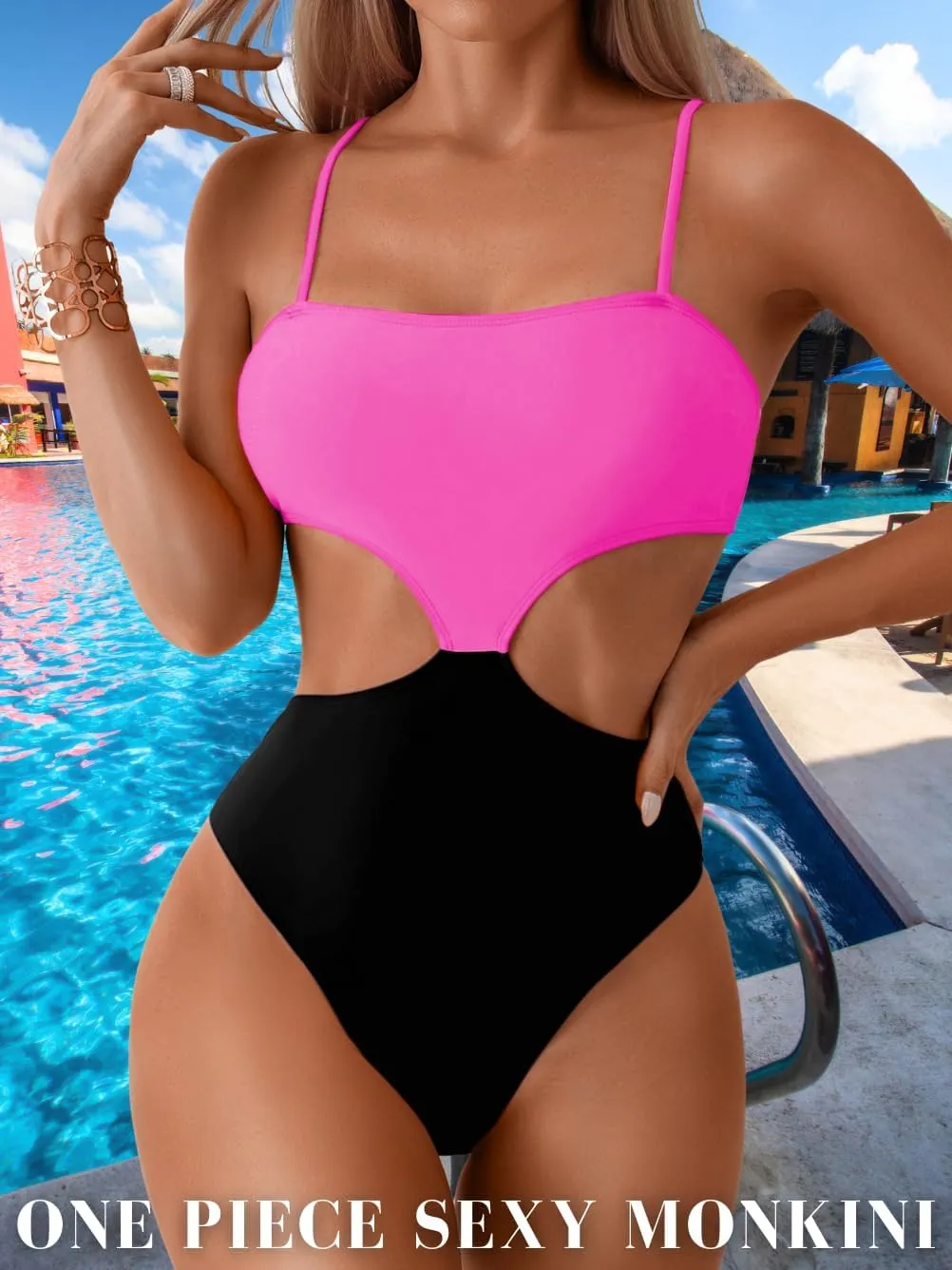 Color Block Swimsuit,Cut Out Sexy Monokini Women,Cheeky One Piece Swimsuits Beach Cruise Pool Party