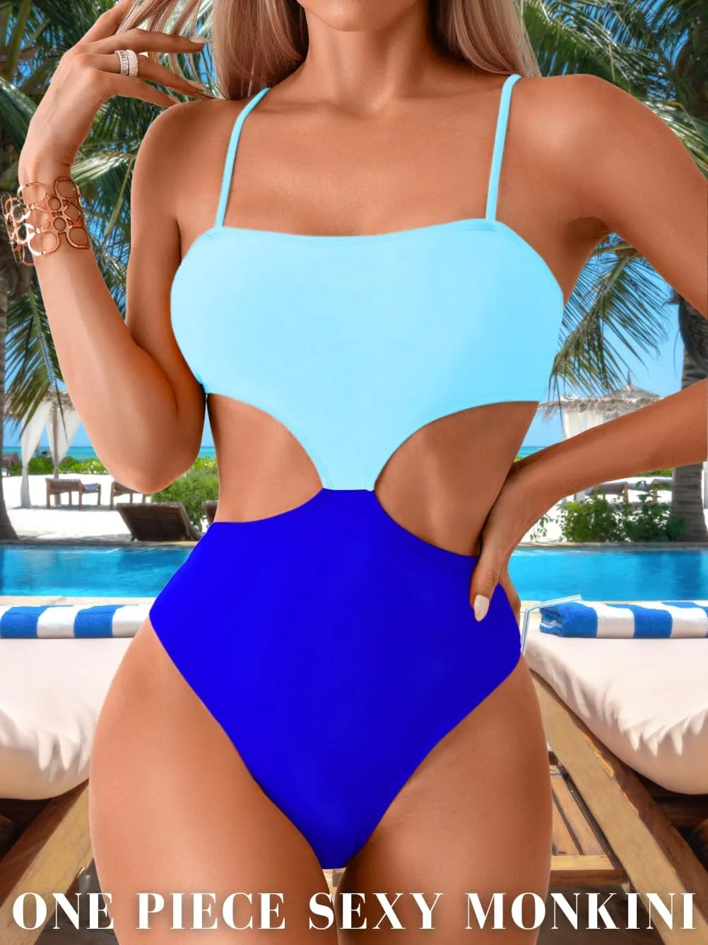 Color Block Swimsuit,Cut Out Sexy Monokini Women,Cheeky One Piece Swimsuits Beach Cruise Pool Party