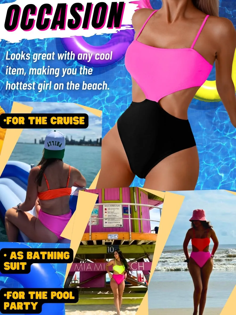 Color Block Swimsuit,Cut Out Sexy Monokini Women,Cheeky One Piece Swimsuits Beach Cruise Pool Party