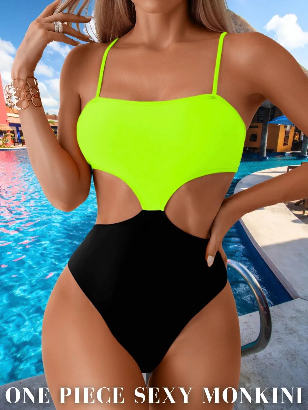 Color Block Swimsuit,Cut Out Sexy Monokini Women,Cheeky One Piece Swimsuits Beach Cruise Pool Party