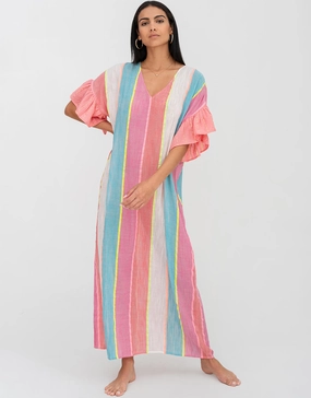 Contrast Ruffle Sleeve V Neck Dress - Multi