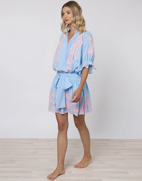 Cotton Blouson Dress with Butterfly Embroidery - Blue and Neon Pink