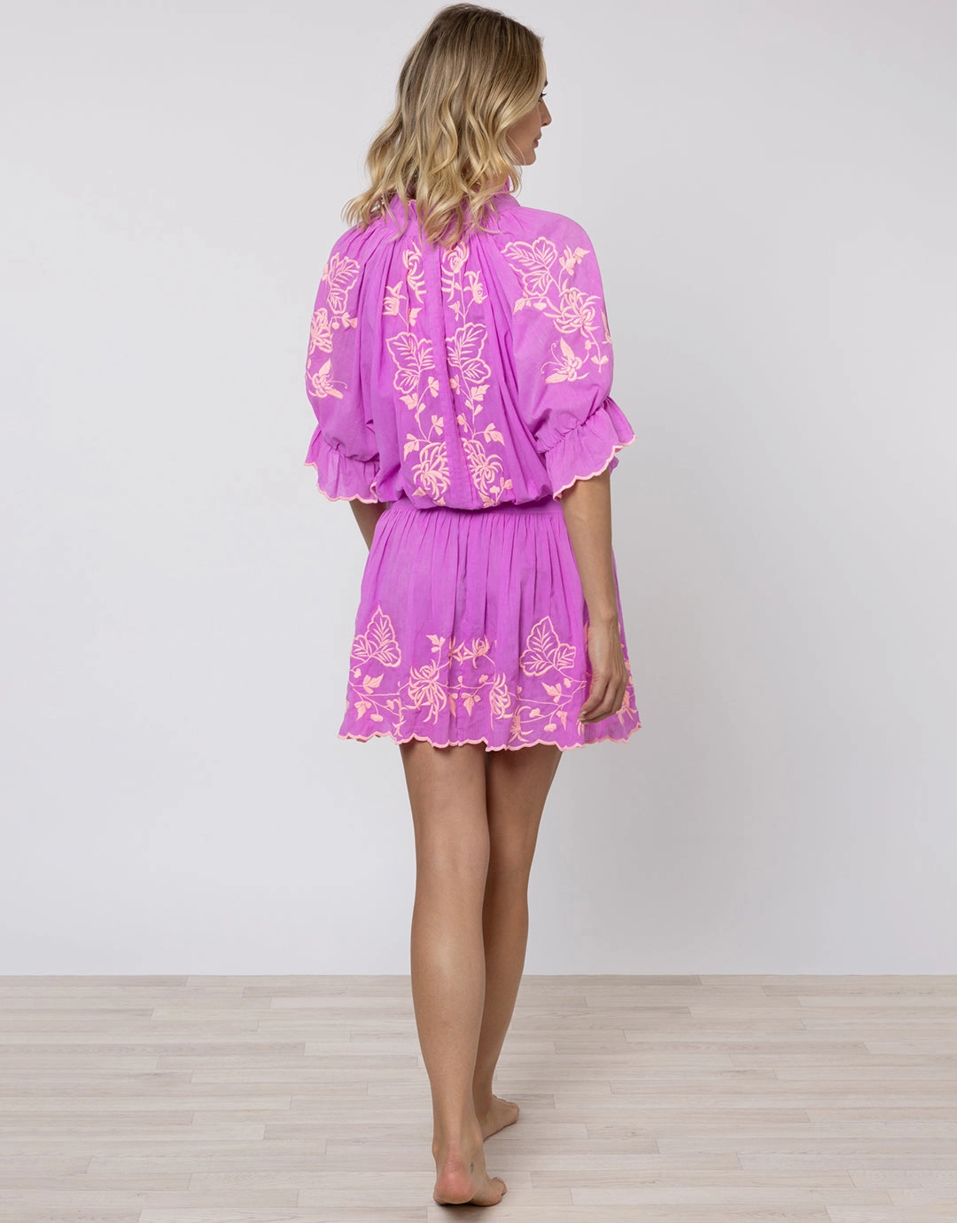 Cotton Blouson Dress with Butterfly Embroidery - Violet and Neon Peach