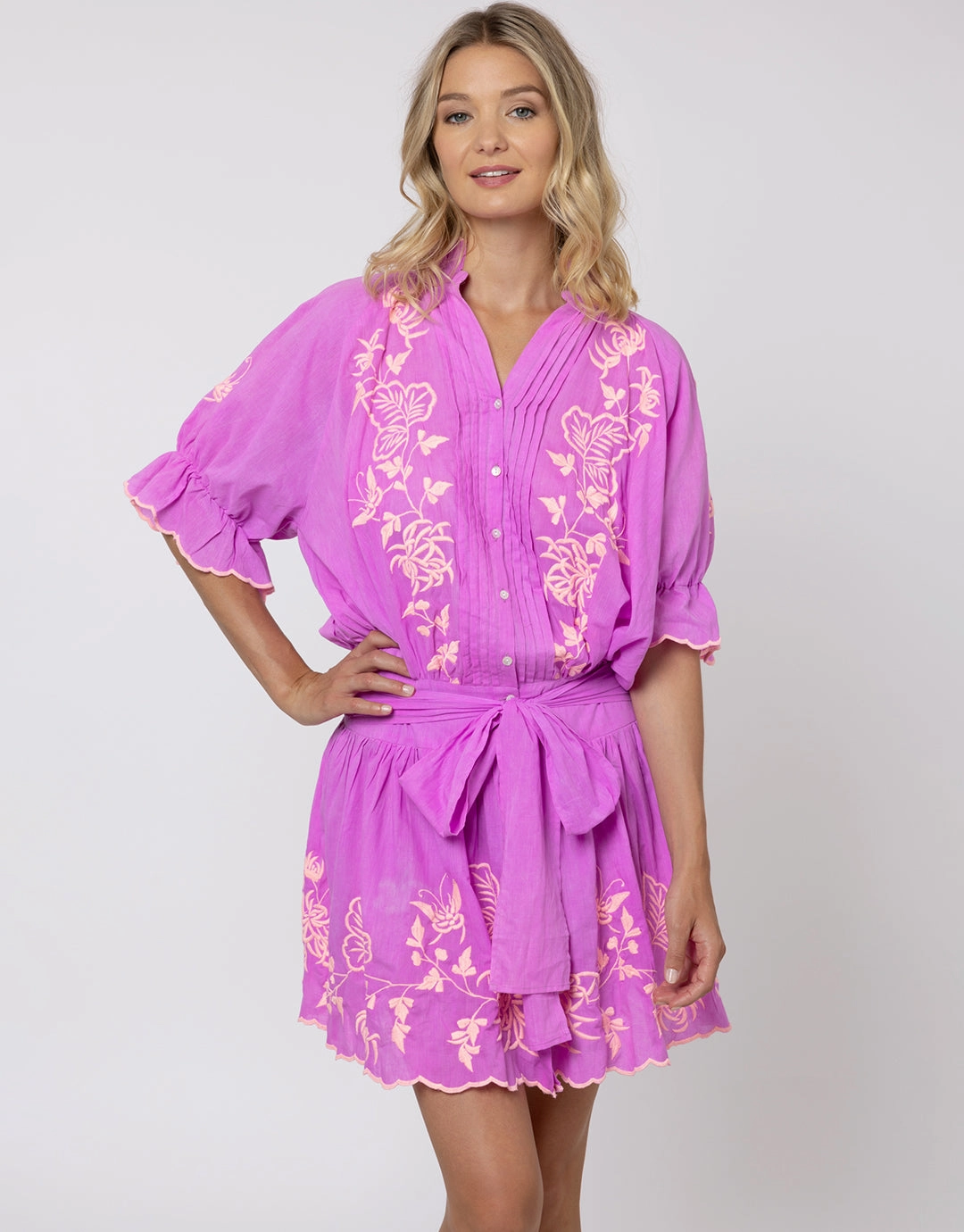 Cotton Blouson Dress with Butterfly Embroidery - Violet and Neon Peach