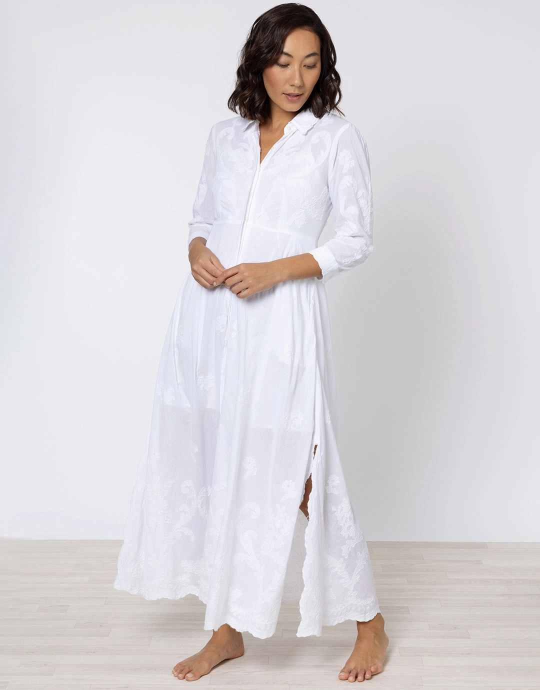 Cotton Maxi Dress with Vintage Embroidery - White