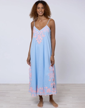 Cotton V-Neck Slip Dress with Butterfly Embroidery - Blue and Neon Pink
