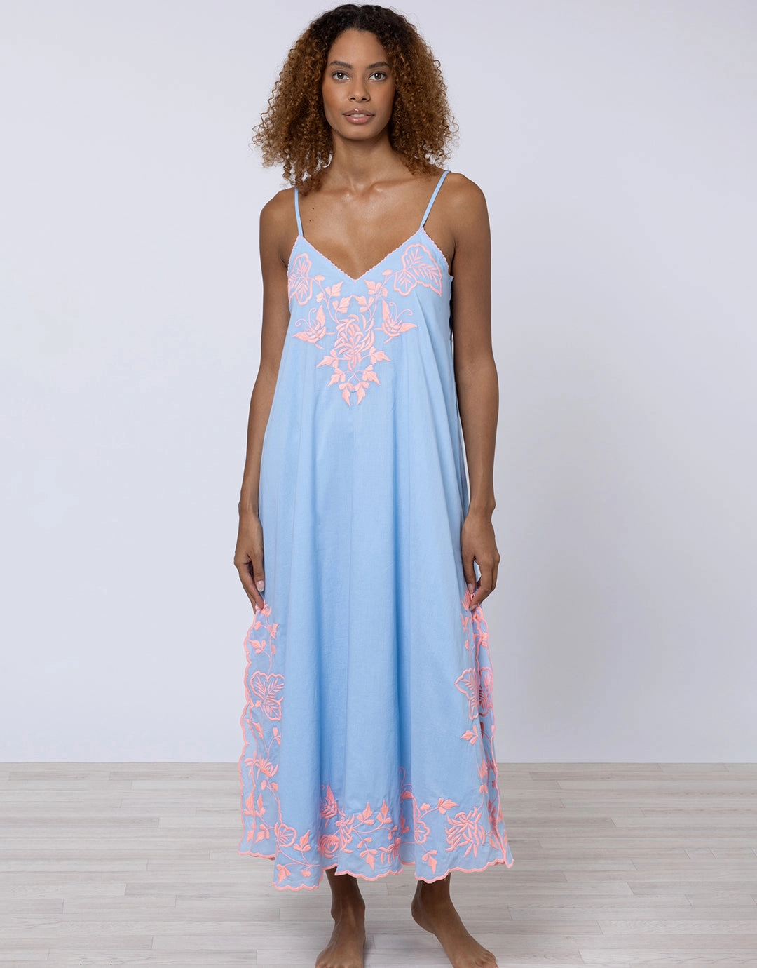 Cotton V-Neck Slip Dress with Butterfly Embroidery - Blue and Neon Pink