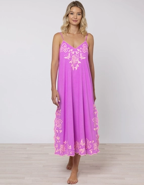 Cotton V-Neck Slip Dress with Butterfly Embroidery - Violet and Neon Peach