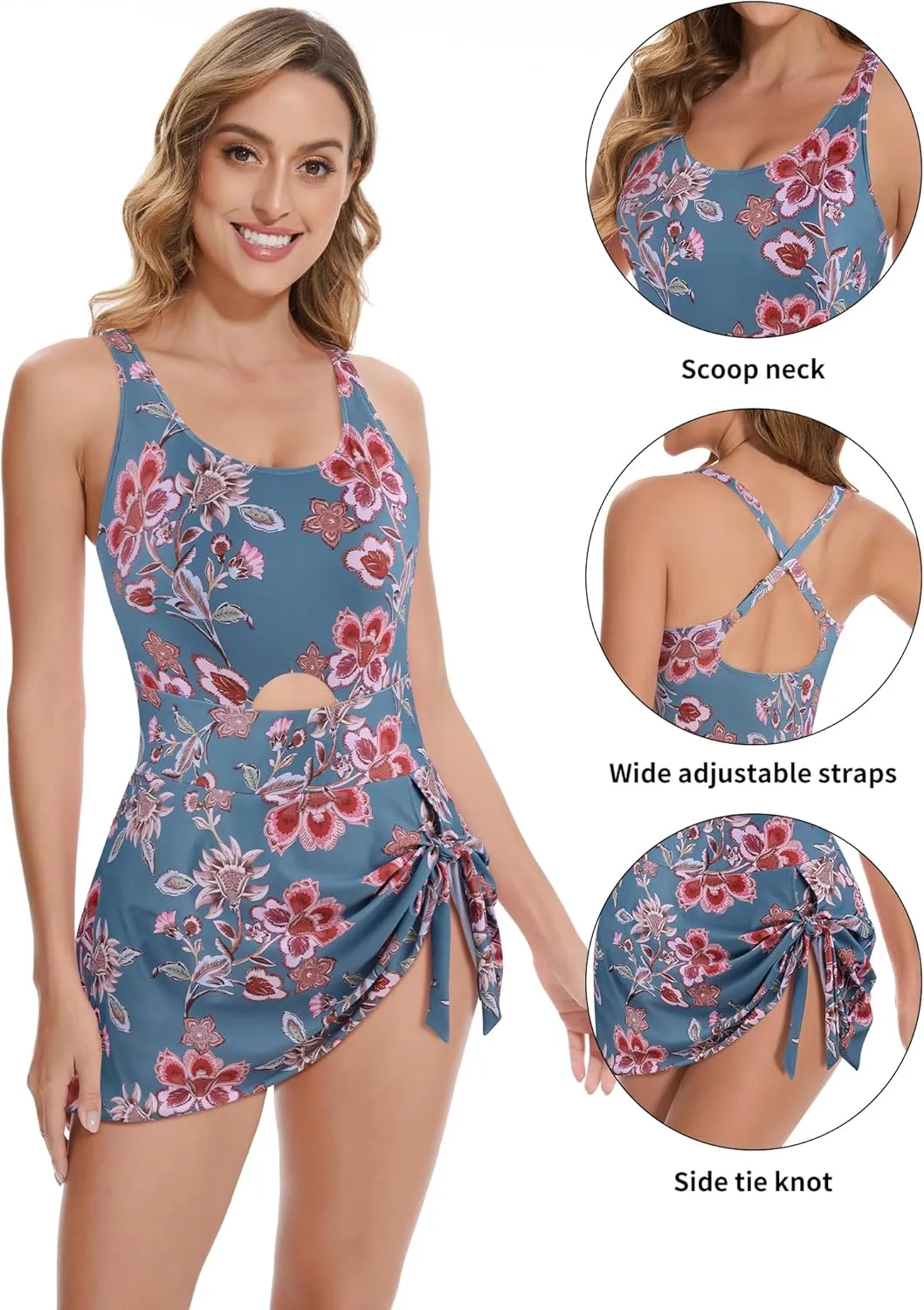 Crazyme One Piece Swimsuit Women Tummy Control Cutout Sexy Swimdress Bathing Suit for Women Tie Knot Skirt