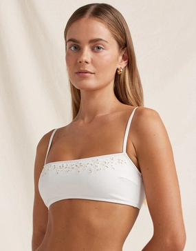 Creme Memoir Embroidered Bandeau Crop Bikini Top - White
