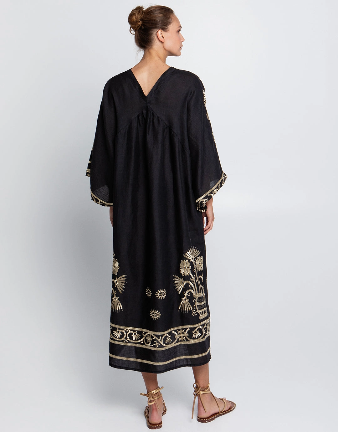 Crete V Neck Midi Kaftan - Black and Gold