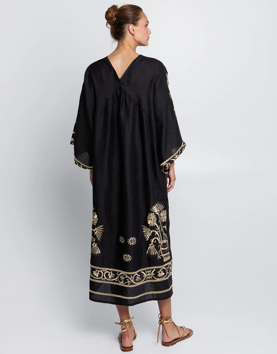 Crete V Neck Midi Kaftan - Black and Gold