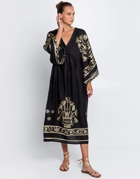 Crete V Neck Midi Kaftan - Black and Gold
