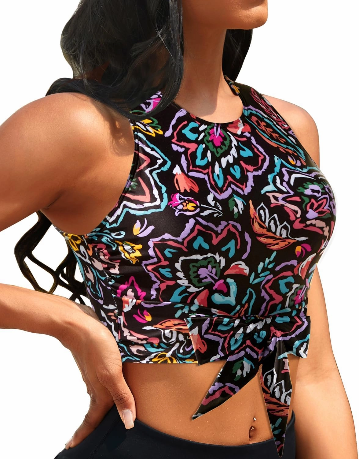 Crop Top Swim Bathing Suit - Women Bikini Swimsuit Top High Neck Bra Tie Knot Top Only 2025