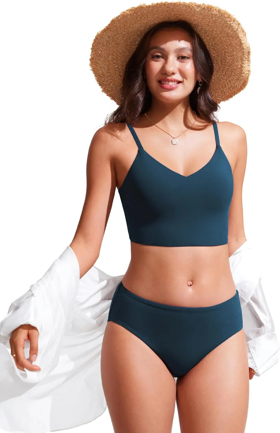 CRZ YOGA Women's Bikini Top Cropped V Neck Adjustable Spaghetti Straps Swimsuit Padded Athletic Bathing Suit