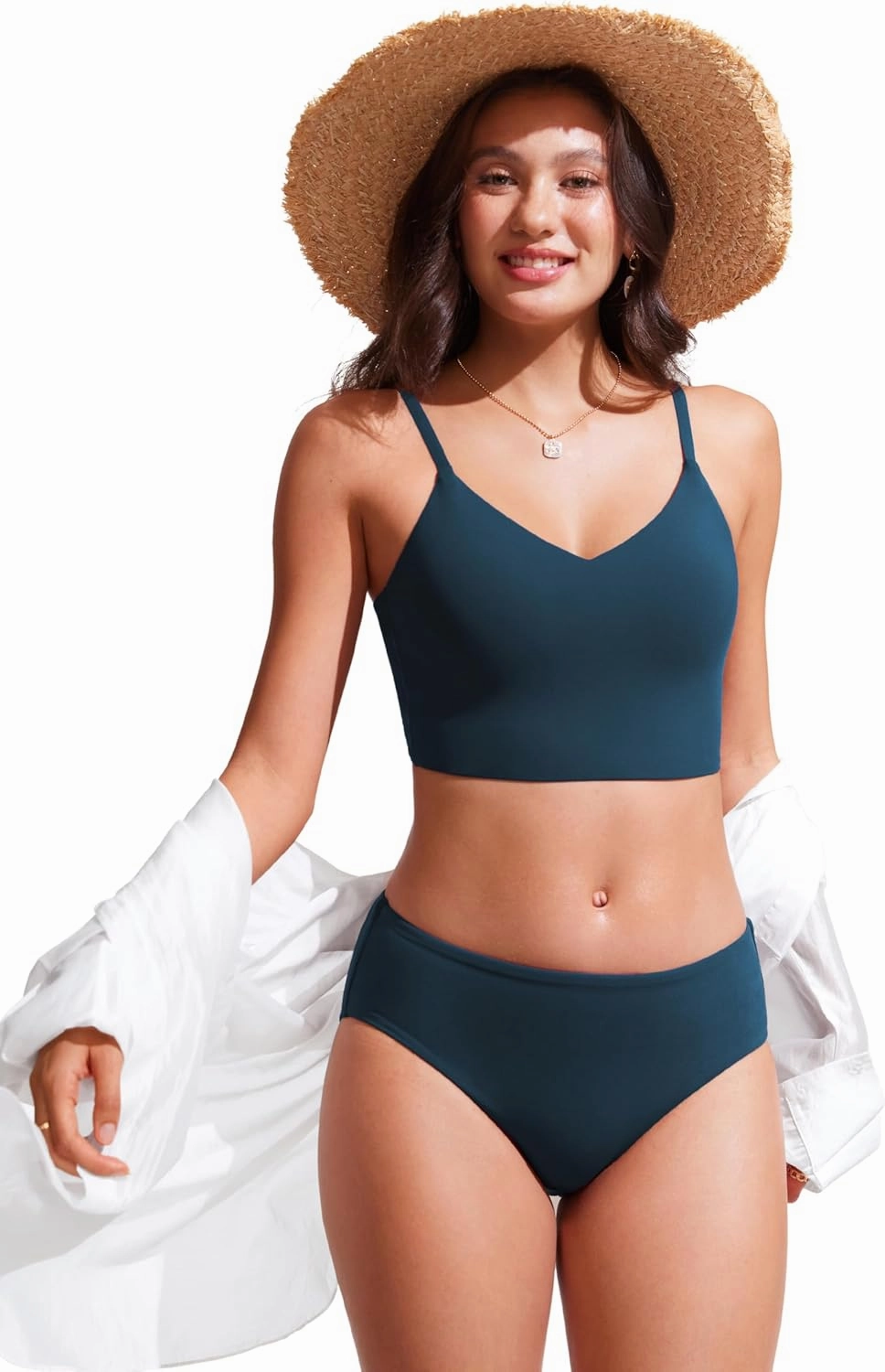 CRZ YOGA Women's Bikini Top Cropped V Neck Adjustable Spaghetti Straps Swimsuit Padded Athletic Bathing Suit