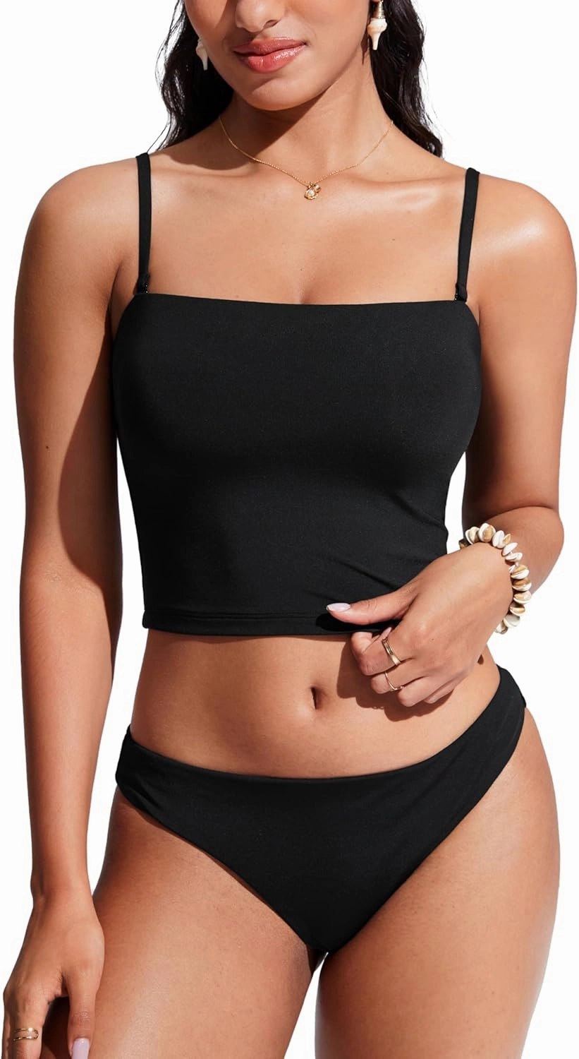 CRZ YOGA Womens Bandeau Bikini Tops Strapless Swimsuit Adjustable Spaghetti Straps Bathing Suit Crop Tankini Padded
