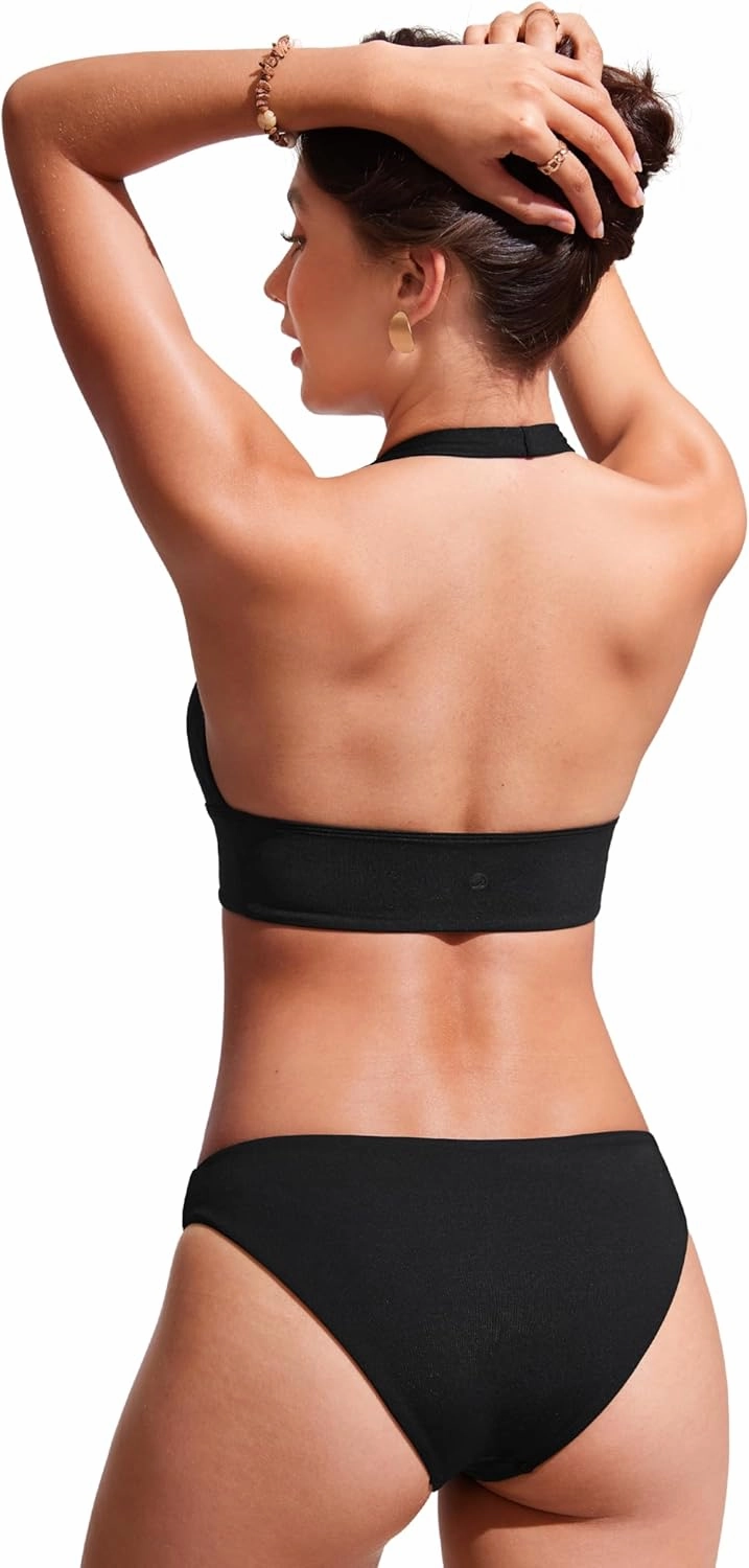 CRZ YOGA Womens Halter Bikini Tops V Neck Swim Bathing Suit Sexy Backless Swimsuit Padded