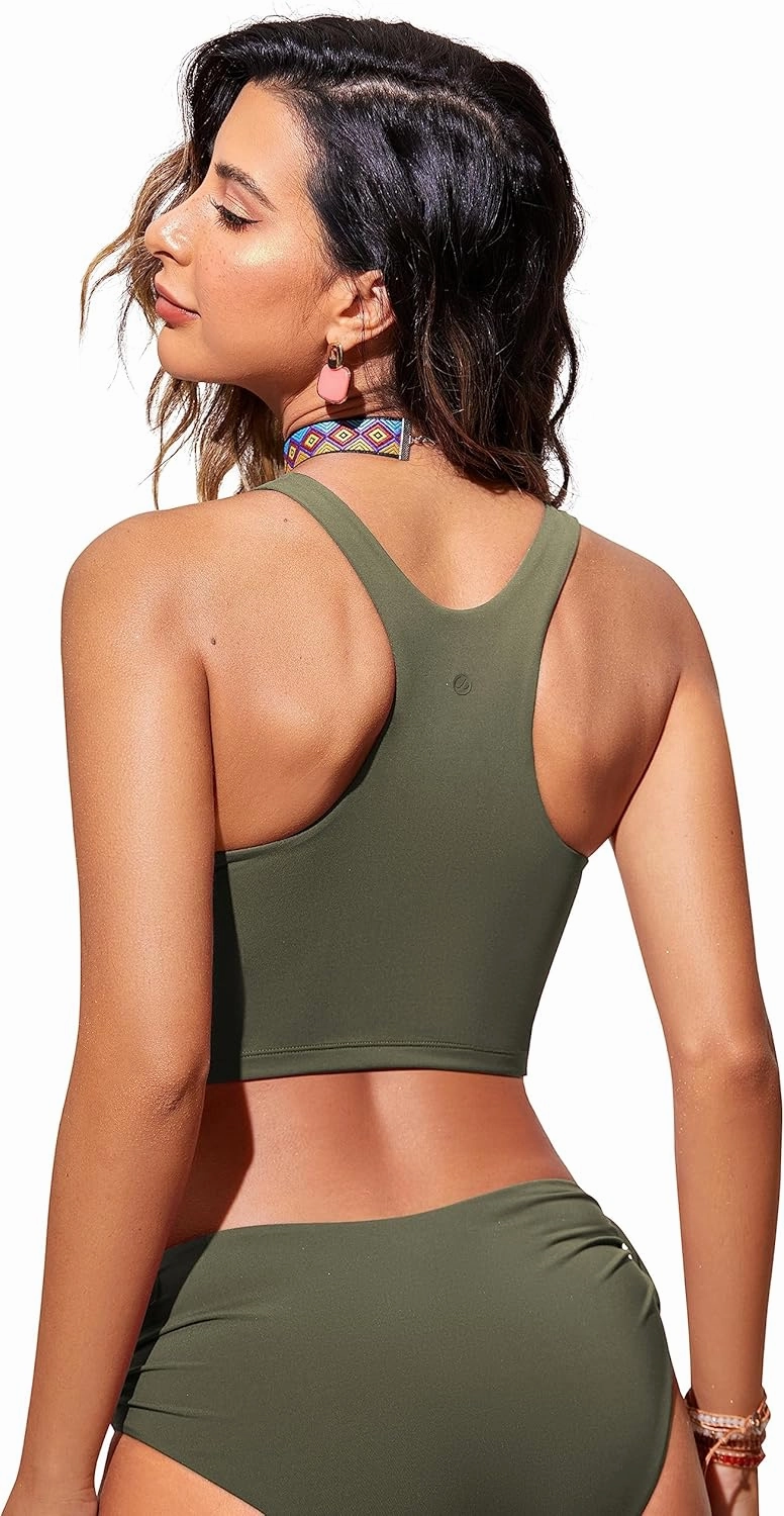 CRZ YOGA Womens Racerback Bikini Tops Quick Dry High Neck Modest Swimsuit Padded Sports Bathing Suit