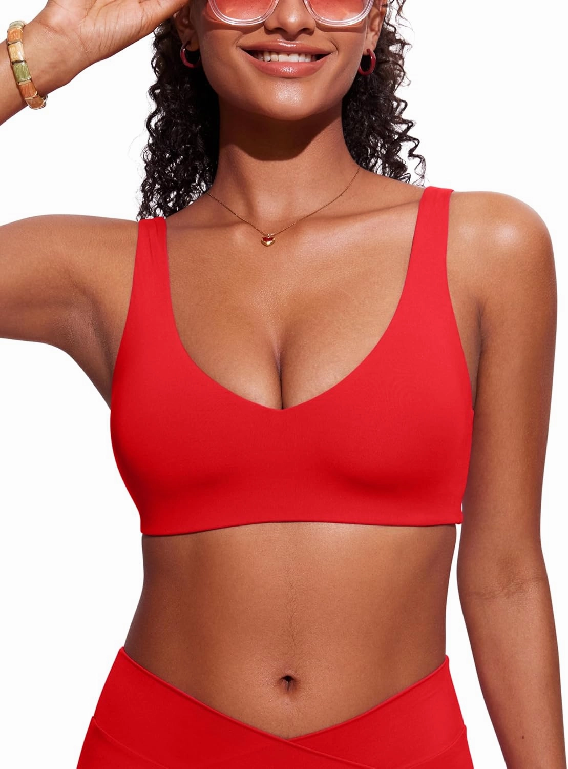 CRZ YOGA Womens V Neck Bikini Tops Bathing Suit V Back Wide Straps Swim Bra Padded Swimsuit
