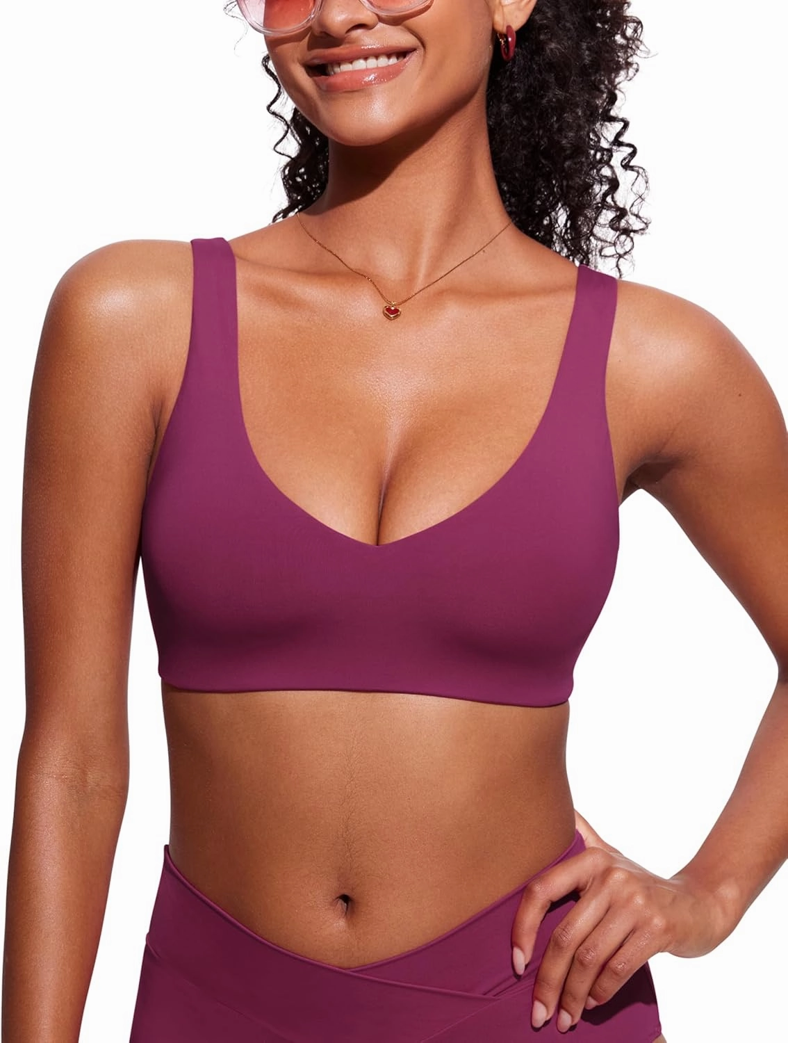 CRZ YOGA Womens V Neck Bikini Tops Bathing Suit V Back Wide Straps Swim Bra Padded Swimsuit
