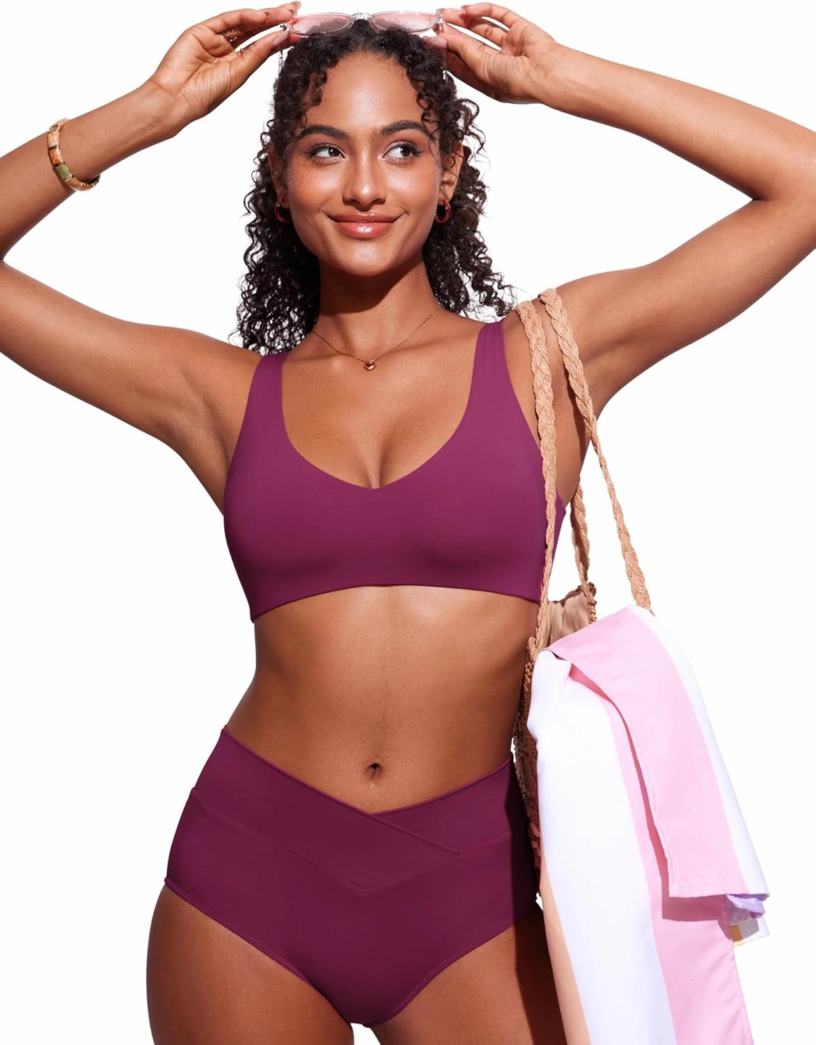 CRZ YOGA Womens V Neck Bikini Tops Bathing Suit V Back Wide Straps Swim Bra Padded Swimsuit