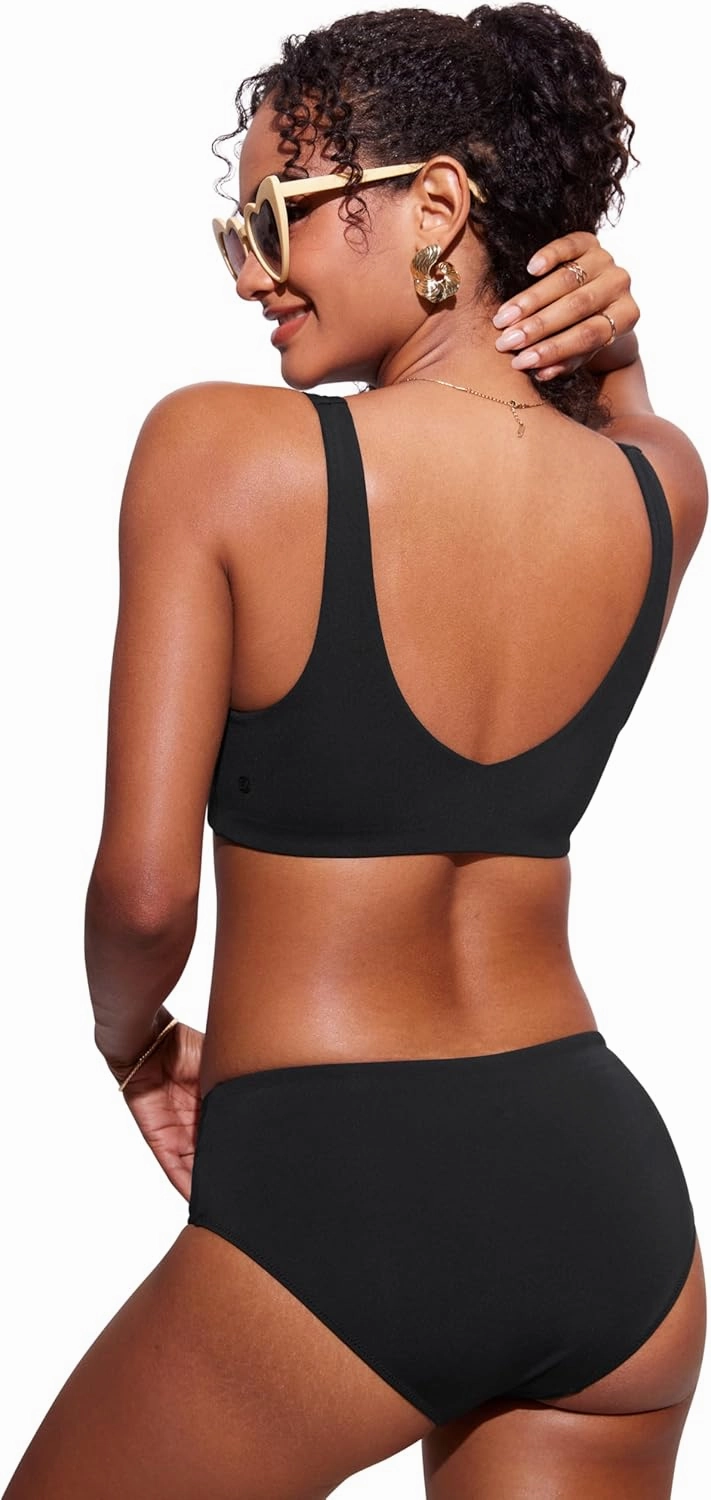 CRZ YOGA Womens V Neck Bikini Tops Bathing Suit V Back Wide Straps Swim Bra Padded Swimsuit