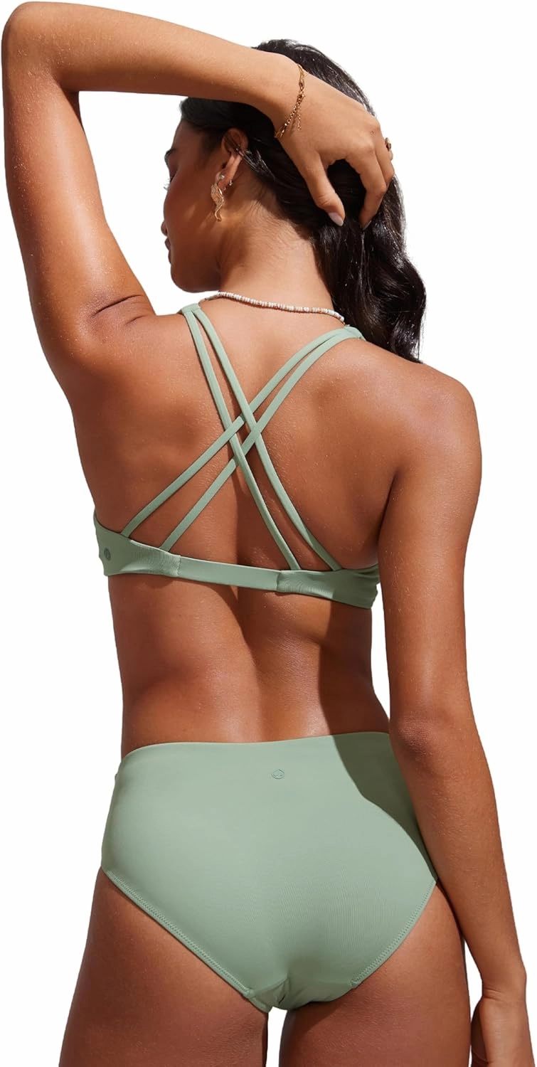 CRZ YOGA Womens V Neck Bikini Tops Twist Front Triangle Sexy Bathing Suit Criss Cross Back Swimsuit Padded