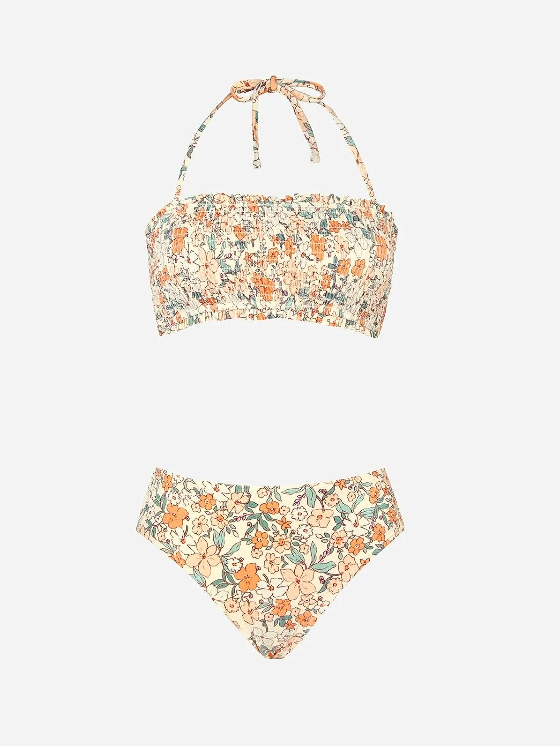 CUPSHE Bikini Set for Women Two Piece Swimsuit Bandeau Top Back Tie Mid Waisted Bottom with Removable Shoulder Straps