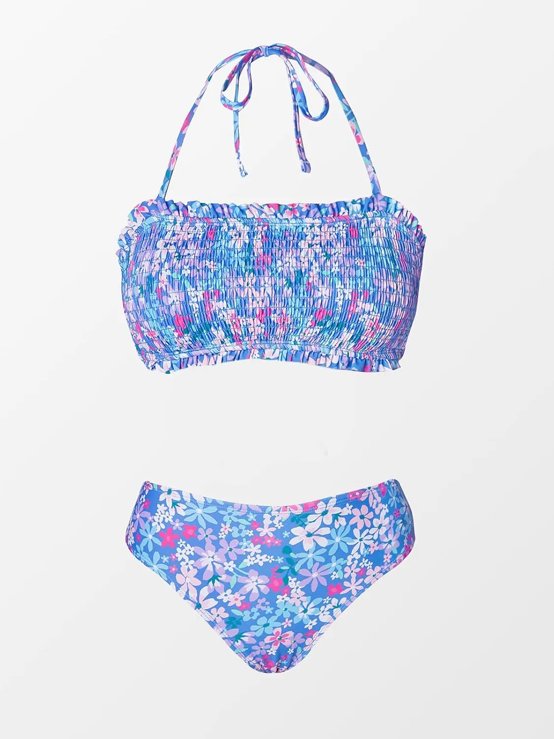 CUPSHE Bikini Set for Women Two Piece Swimsuit Bandeau Top Back Tie Mid Waisted Bottom with Removable Shoulder Straps