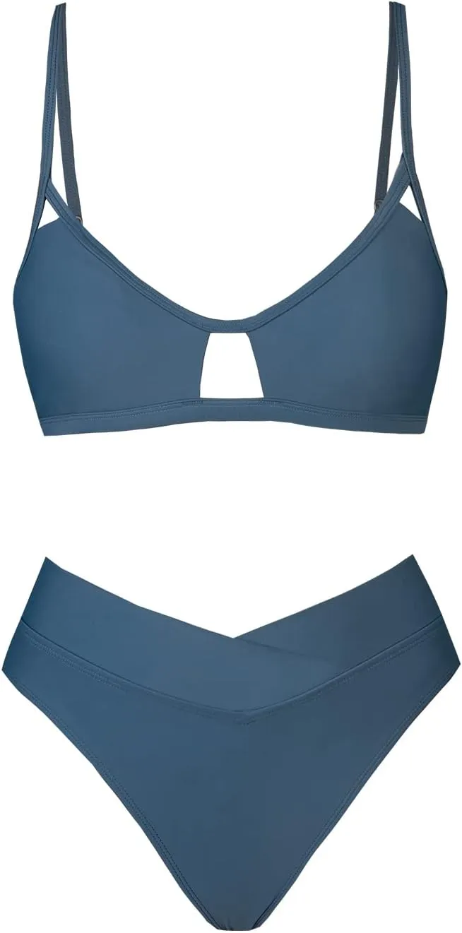 CUPSHE Bikini Set for Women Two Piece Swimsuits Cut Out High Waisted Scoop Neck V Cut Bottom