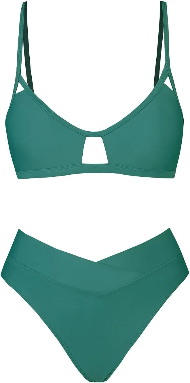 CUPSHE Bikini Set for Women Two Piece Swimsuits Cut Out High Waisted Scoop Neck V Cut Bottom