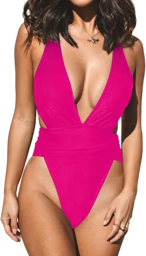 CUPSHE One Piece Swimsuit for Women Bathing Suit Cut Out Cross Back Tie Deep V Neck Ruched High Cut