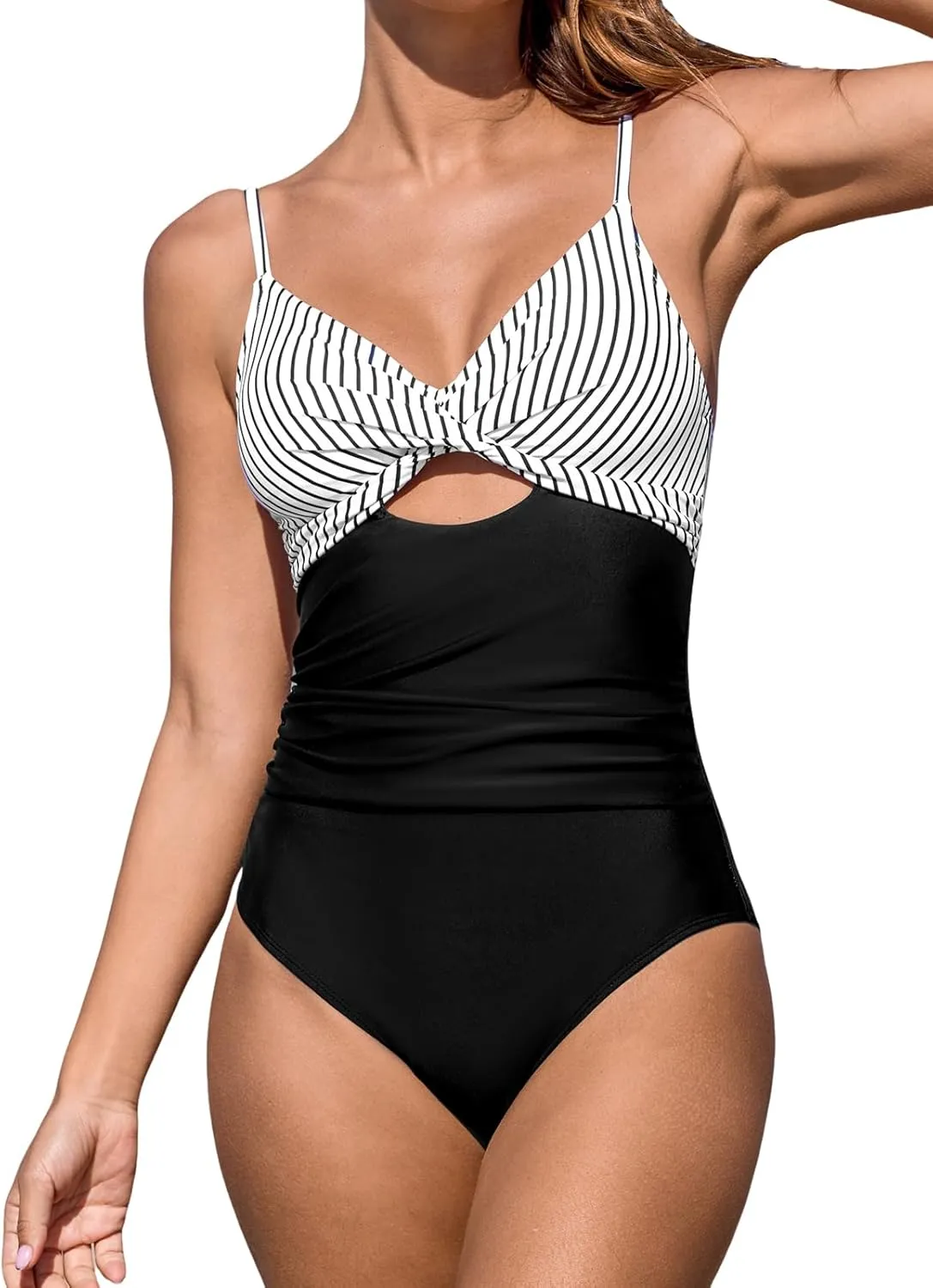 CUPSHE One Piece Swimsuit for Women Bathing Suits Twist Front Cutout Adjustable Straps Ruched Swimwear